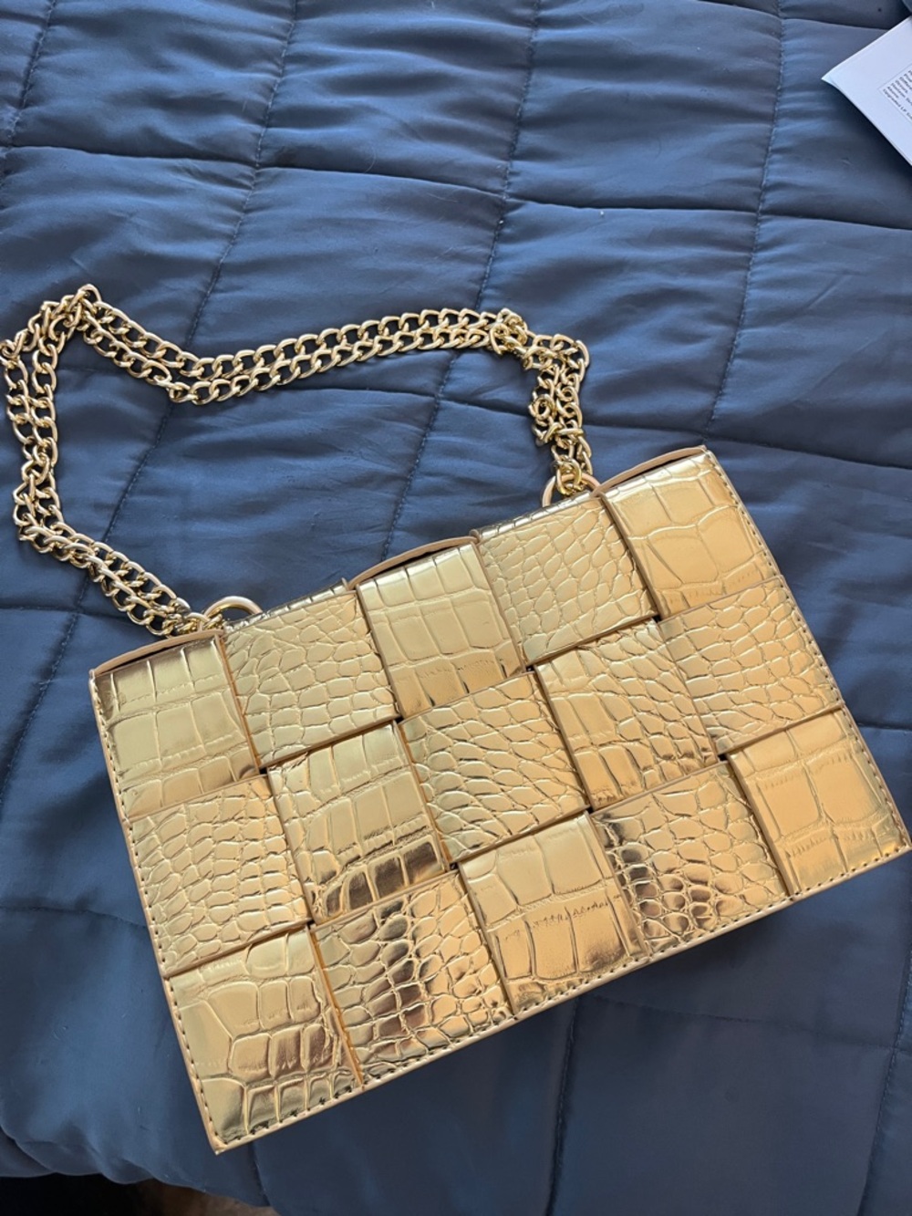 Gold purse pocketbook clutch evening bag woven faux croc with chain strap